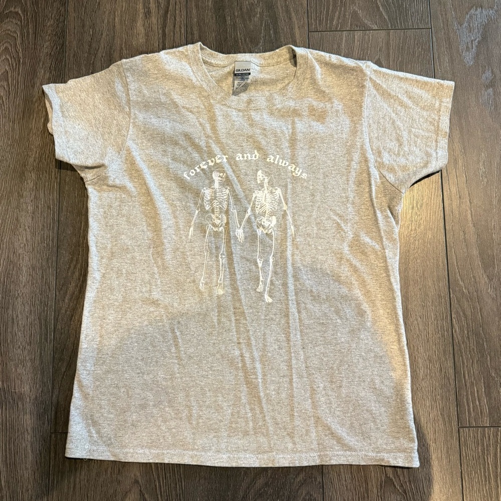 Gray Graphic T-Shirt with Skeleton Design